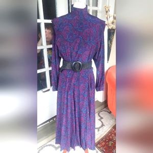 Liz Claiborne Vtg 100% Silk Purple Paisley Midi Dress with Pockets S…